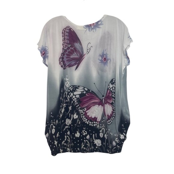 Ace Fashion Butterfly Print Short Sleeve Shirt Top Womens Small Gray Pink New - Picture 2 of 9